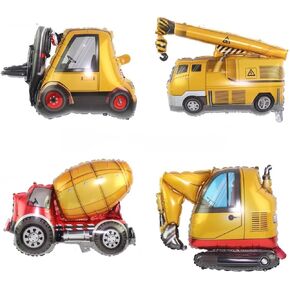 4Pcs Construction Balloons Excavator Balloon Dump Truck Foil Balloon Forklift Mixer Truck Crane Balloon for Boys Construction Birthday Party Supplies, DIY Construction Vehicle Party Decorations