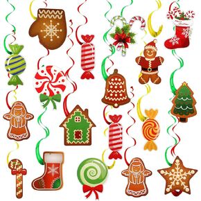 AUGSUN 54pcs Merry Christmas Hanging Swirls Decorations Candy Gingerbread House Hanging Swirls for Winter Christmas Party Home Bar Decor Holiday Party Classroom Supplies Decorations