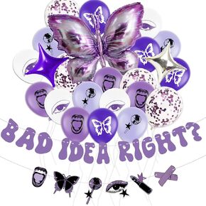 HOMEZZO Purple Butterfly Party Decorations, Bad Idea Right Banner Butterfly Foil Balloon Purple White Printed Latex Balloons for Birthday Party Music Fans Gathering Purple Themed Party