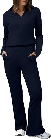 Herseas النساء سترة مجموعة 2 قطعة وتتسابق طويلة الأكمام متماسكة التلبيب الخامس الرقبة القمم عالية الخصر بنطال ذو قصة أرجل واسعة صالة مجموعات in Kuwait