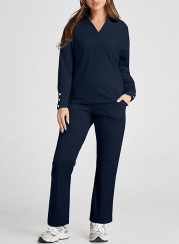 Herseas النساء سترة مجموعة 2 قطعة وتتسابق طويلة الأكمام متماسكة التلبيب الخامس الرقبة القمم عالية الخصر بنطال ذو قصة أرجل واسعة صالة مجموعات in Kuwait