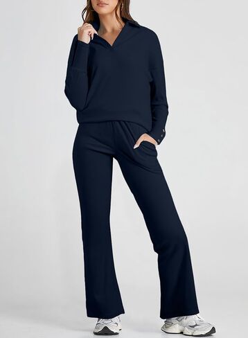 Herseas النساء سترة مجموعة 2 قطعة وتتسابق طويلة الأكمام متماسكة التلبيب الخامس الرقبة القمم عالية الخصر بنطال ذو قصة أرجل واسعة صالة مجموعات in Kuwait