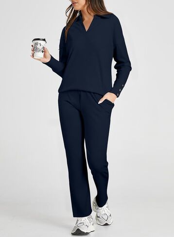 Herseas النساء سترة مجموعة 2 قطعة وتتسابق طويلة الأكمام متماسكة التلبيب الخامس الرقبة القمم عالية الخصر بنطال ذو قصة أرجل واسعة صالة مجموعات in Kuwait