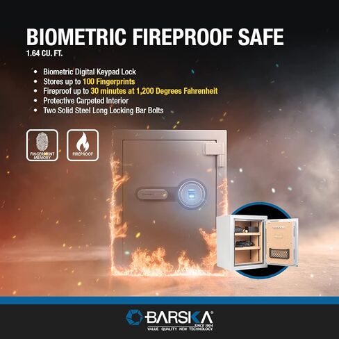 Barska Digital Biometric Fingerprint Fireproof Security Home Jewelry Gun Safe with Lock Out & Silent Mode, Long Locking Bolts, Carpeted Interior, Key Hooks & Net Pocket in Saudi Arabia
