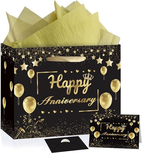 Anniversary Party Gift Bag, Black Gold Happy Anniversary Paper Gift Bag with Tissue Papers and Greeting Card, Wedding Anniversary Wrapping Gift Bag for Men Women, Wedding Anniversary Party Supplies in Saudi Arabia