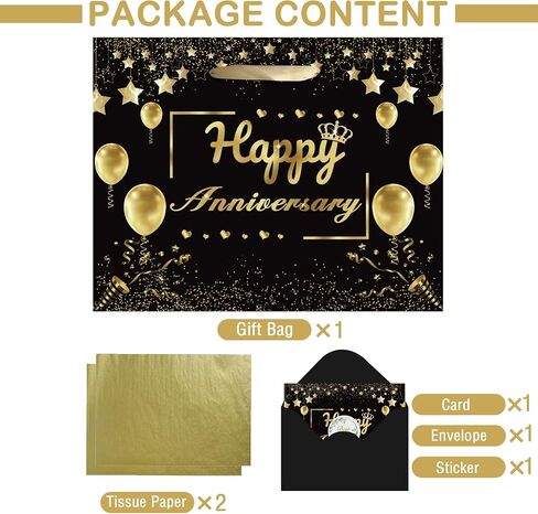 Anniversary Party Gift Bag, Black Gold Happy Anniversary Paper Gift Bag with Tissue Papers and Greeting Card, Wedding Anniversary Wrapping Gift Bag for Men Women, Wedding Anniversary Party Supplies in Saudi Arabia