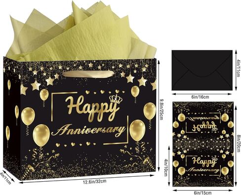 Anniversary Party Gift Bag, Black Gold Happy Anniversary Paper Gift Bag with Tissue Papers and Greeting Card, Wedding Anniversary Wrapping Gift Bag for Men Women, Wedding Anniversary Party Supplies in Saudi Arabia