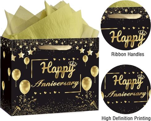 Anniversary Party Gift Bag, Black Gold Happy Anniversary Paper Gift Bag with Tissue Papers and Greeting Card, Wedding Anniversary Wrapping Gift Bag for Men Women, Wedding Anniversary Party Supplies in Saudi Arabia