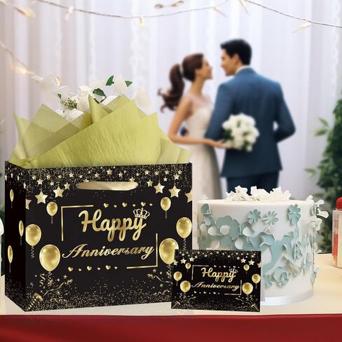 Anniversary Party Gift Bag, Black Gold Happy Anniversary Paper Gift Bag with Tissue Papers and Greeting Card, Wedding Anniversary Wrapping Gift Bag for Men Women, Wedding Anniversary Party Supplies in Saudi Arabia