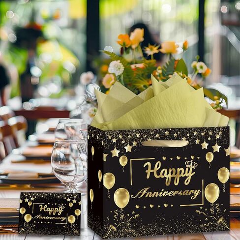Anniversary Party Gift Bag, Black Gold Happy Anniversary Paper Gift Bag with Tissue Papers and Greeting Card, Wedding Anniversary Wrapping Gift Bag for Men Women, Wedding Anniversary Party Supplies in Saudi Arabia