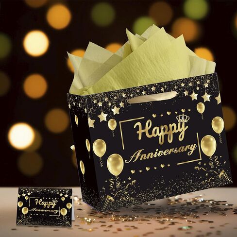 Anniversary Party Gift Bag, Black Gold Happy Anniversary Paper Gift Bag with Tissue Papers and Greeting Card, Wedding Anniversary Wrapping Gift Bag for Men Women, Wedding Anniversary Party Supplies in Saudi Arabia