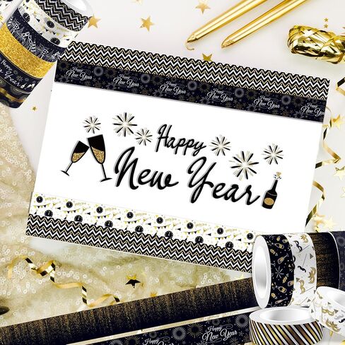 مجموعة شريط واشي Happy New Year من Adirasenotek، 12 لفة، شريط واشي مزخرف، شريط واشي ذهبي أسود، شريط زخرفي لمجلة سجل القصاصات، صناعة يدوية فنية لتغليف الهدايا، لوازم السنة الجديدة in Kuwait