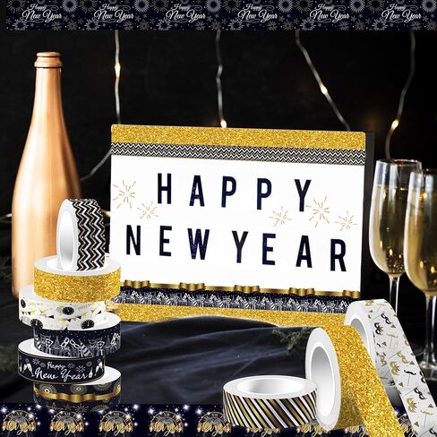 مجموعة شريط واشي Happy New Year من Adirasenotek، 12 لفة، شريط واشي مزخرف، شريط واشي ذهبي أسود، شريط زخرفي لمجلة سجل القصاصات، صناعة يدوية فنية لتغليف الهدايا، لوازم السنة الجديدة in Kuwait