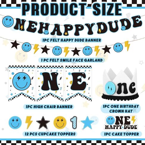 55 قطعة من زينة عيد الميلاد الأول باللون الأزرق والأسود والأبيض من اللاتكس بخلفية واحدة من Happy Dude لتزيين الكيك للأولاد لوازم حفلات أعياد الميلاد الأولى هدايا حفلات الهبي in Kuwait