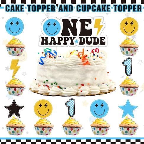 55 قطعة من زينة عيد الميلاد الأول باللون الأزرق والأسود والأبيض من اللاتكس بخلفية واحدة من Happy Dude لتزيين الكيك للأولاد لوازم حفلات أعياد الميلاد الأولى هدايا حفلات الهبي in Kuwait