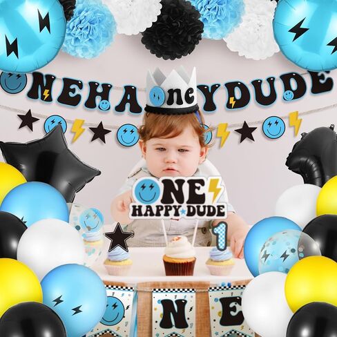 55 قطعة من زينة عيد الميلاد الأول باللون الأزرق والأسود والأبيض من اللاتكس بخلفية واحدة من Happy Dude لتزيين الكيك للأولاد لوازم حفلات أعياد الميلاد الأولى هدايا حفلات الهبي in Kuwait