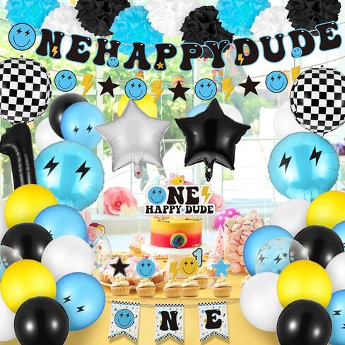 55 قطعة من زينة عيد الميلاد الأول باللون الأزرق والأسود والأبيض من اللاتكس بخلفية واحدة من Happy Dude لتزيين الكيك للأولاد لوازم حفلات أعياد الميلاد الأولى هدايا حفلات الهبي in Kuwait
