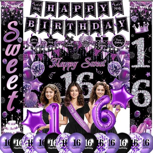 Purple Sweet 16 Birthday Decorations for Girls Purple Black 16th Birthday Banner Hanging Swirls Sweet 16 Porch Banner Backdrop Purple 16th Birthday Balloons Sash for Sweet Sixteen Birthday Party in Saudi Arabia
