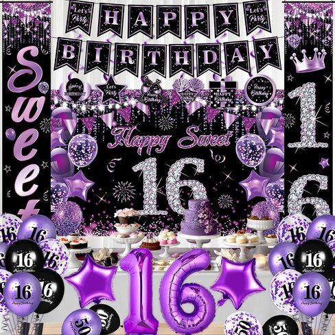 Purple Sweet 16 Birthday Decorations for Girls Purple Black 16th Birthday Banner Hanging Swirls Sweet 16 Porch Banner Backdrop Purple 16th Birthday Balloons Sash for Sweet Sixteen Birthday Party in Saudi Arabia