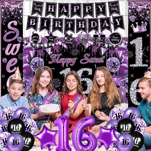 Purple Sweet 16 Birthday Decorations for Girls Purple Black 16th Birthday Banner Hanging Swirls Sweet 16 Porch Banner Backdrop Purple 16th Birthday Balloons Sash for Sweet Sixteen Birthday Party in Saudi Arabia