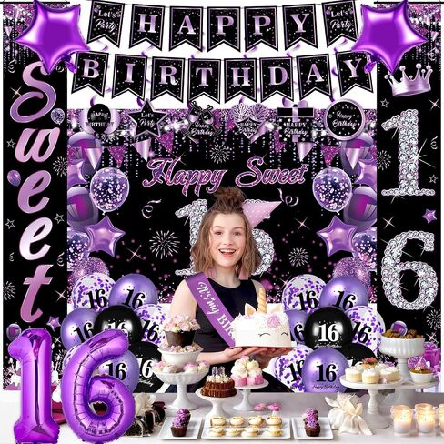 Purple Sweet 16 Birthday Decorations for Girls Purple Black 16th Birthday Banner Hanging Swirls Sweet 16 Porch Banner Backdrop Purple 16th Birthday Balloons Sash for Sweet Sixteen Birthday Party in Saudi Arabia
