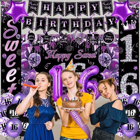 Purple Sweet 16 Birthday Decorations for Girls Purple Black 16th Birthday Banner Hanging Swirls Sweet 16 Porch Banner Backdrop Purple 16th Birthday Balloons Sash for Sweet Sixteen Birthday Party in Saudi Arabia