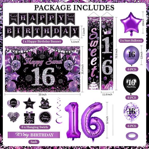 Purple Sweet 16 Birthday Decorations for Girls Purple Black 16th Birthday Banner Hanging Swirls Sweet 16 Porch Banner Backdrop Purple 16th Birthday Balloons Sash for Sweet Sixteen Birthday Party in Saudi Arabia