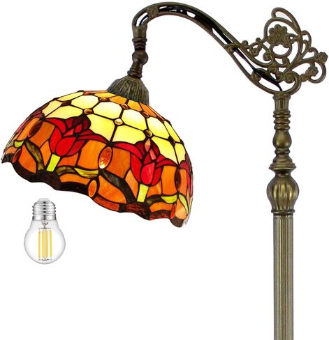 WERFACTORY Tiffany Floor Lamp Red Tulip Flower Stained Glass Arched Lamp 12X18X64 Inches Gooseneck Adjustable Corner Standing Reading Light Decor Bedroom Living Room S030 Series in Kuwait