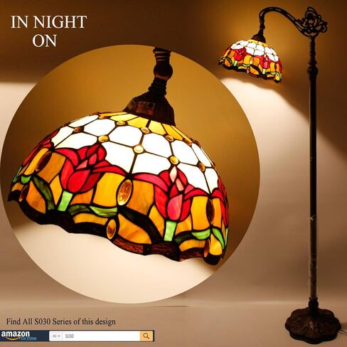 WERFACTORY Tiffany Floor Lamp Red Tulip Flower Stained Glass Arched Lamp 12X18X64 Inches Gooseneck Adjustable Corner Standing Reading Light Decor Bedroom Living Room S030 Series in Kuwait
