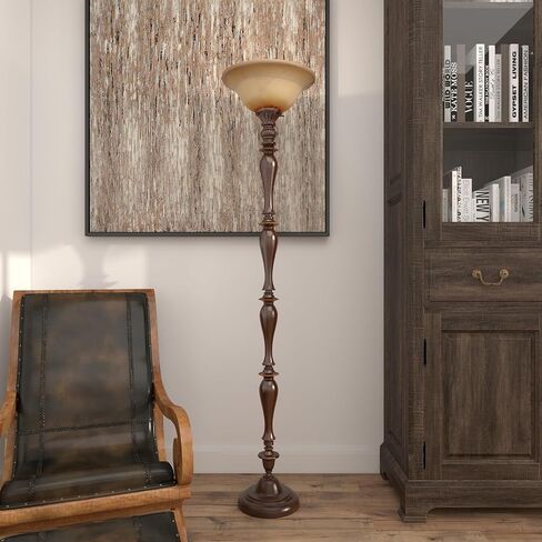 Deco 79 Polystone Room Torchiere Antique Style Turned Floor Lamp with Cream Glass Shade, Standing Lamp 16" x 16" x 72", Brown in Saudi Arabia