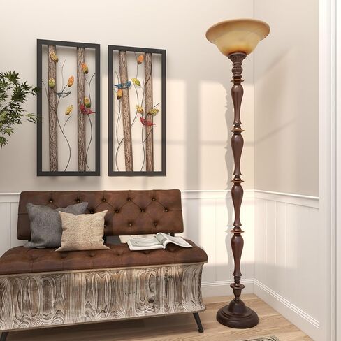 Deco 79 Polystone Room Torchiere Antique Style Turned Floor Lamp with Cream Glass Shade, Standing Lamp 16" x 16" x 72", Brown in Saudi Arabia