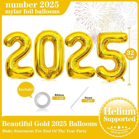 بالونات ذهبية برقم 2025 مقاس 32 بوصة، بالونات كبيرة الحجم عملاقة بأرقام 2025 للعام الجديد، بالونات هيليوم ذهبية من رقائق الفويل لعام 2025، مستلزمات الحفلات والاحتفالات برأس السنة الجديدة السعيدة in Kuwait