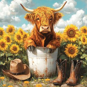 MAXBYE DIY Highland Cow Diamonds Painting Kits for Adults, 5D Full Drill Diamond Art Painting Kits, Sunflowers Gem Arts and Crafts for Home Wall Decor 12X12in