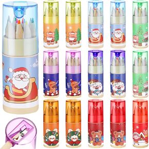 Fumete 15 Pack Christmas Pencils Bulk for Kids Mini Drawing Colored Pencils with Sharpener in Tube for Santa Gifts Students Classroom Reward
