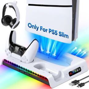 KOVA Cooling Stand for Only PS5 Slim with LED Light, Charging Station for PS5 DualSense/Edge Controller with 3 USB Hubs & Headset Hook, Cooler Acessories for Playstation 5 Slim Disc& Digital Console