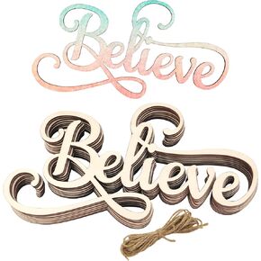 8 Pack 8 Inch Wood Believe Word Cutouts Unfinished Wood Believe Word Crafts Wooden Believe Word Hanging Ornaments DIY Believe Word Craft Gift Tags for Home Party Decoration