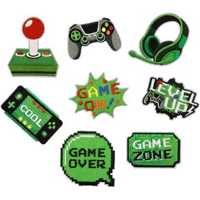 8PCS Video Game Iron on Patches, Green Retro Arcade Game Over Embroidered Iron on Badges for Clothes, Custom Vintage Applique for Hats, Jeans, Jackets, Bags, Backpacks, Dress