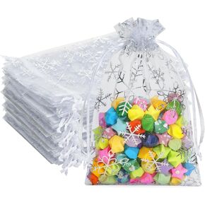 G2PLUS Christmas Drawstring Organza Bags, 50PCS Snowflake Organza Gift Bags, White Christmas Organza Bags 4x6, Mesh Sheer Organza Pouches, Xmas Winter Holiday Organza Bags for Jewelry, Candy, Goodies
