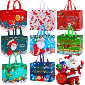 16 PCS Christmas Gifts Bags with Handles, 12.8"×9.8"×6.7" Large Gift Bag Non-Woven Shopping Bags for Xmas Gifts Wrapping Holiday Party Supplies