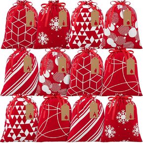 Aneco 12 قطعة حقيبة عيد الميلاد برباط باللونين الأحمر والأبيض حقيبة هدايا عيد الميلاد مع أكياس تغليف هدايا قطنية برباط مقاس 9.8 × 11.8 بوصة هدايا حفلات عيد الميلاد، 6 تصميم in Kuwait