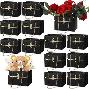 Lincia 12 Pcs Paper Flower Gift Bags Wedding Bouquet Flower Box with Handle Flower Boxes for Arrangements Gift Wrapping Bags Florist Handbag for Gift Wedding Baby Shower Party (Black, White, Pink)