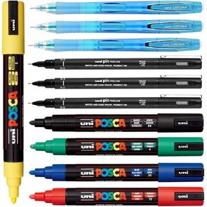posca Drawing and Sketching Kit - Primary Color Marker Set of 5 with 5M Medium Tips + 3 Count Uni Pin 0.5mm Fineliners + 3 Count Uni Chroma Mechanical Pencils