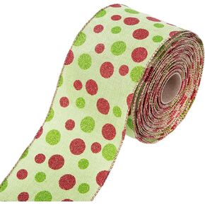 Christmas Tree Ribbon 4" x 20 Yards Red & Green Grinch Wired Ribbon with Glitter Polka Dots - Perfect for Christmas Parties, Family Gatherings & Holiday Celebrations (Green)
