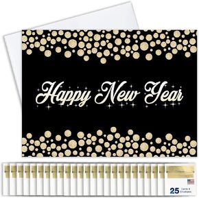 New Years Cards for Business & Family (Golden Bubbles) Greeting Card Set Pack of 25 Happy New Year Cards with Envelopes for 2025 (5x7 inch - A7) Great for Office, Work, Employees & Clients N1604