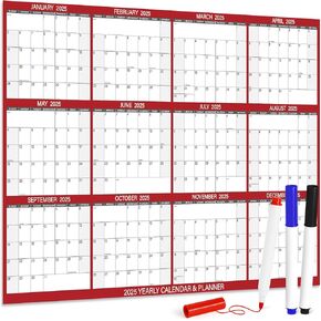 24" x 36" 2025 Wall Calendar with 3 Pack Fineliner Color Pens, Large 12 Month Annual Yearly Planner, Erasable Wet & Dry Erase Laminated Calendar for Wall, Reversible, Horizontal/Vertical, Red