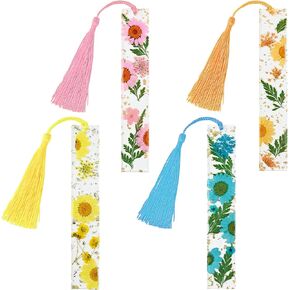 Kavoc 4 Pieces Flower Acrylic Bookmarks Book Page Holder Floral Bookmarks with Colorful Tassels Transparent Page Holders Perfect Gift for Teacher‘s Day (Blue/Purple)