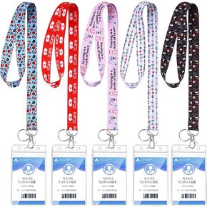 5 Pieces Nurse Lanyard Keychain Safety ID Card Neck Lanyard Cute Key Chain Neck Straps with Vertical Clear ID Holder for Nurse Doctor Student Teacher, 5 Styles