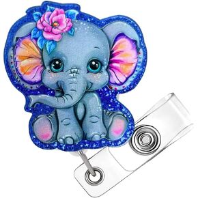Elephant Badge Reel Cute Elephants Blue Purple Animal Retractable Clip Name Tag Holder Lanyard Bling for Nurse Pediatrics PEDS Teacher Medical Assistant Crystal Sparkly Pretty Accessories for Work