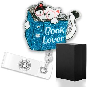 ERHACHAIJIA Book Lover Retractable Silver Glitter Badge Reel with Clip, Funny White Cat ID Card Badge Holder Gift for Nurses Doctors Office Worker Social Worker Colleague Cat Lover