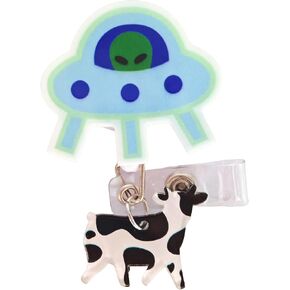 Funny UFO Cow Badge Reel - Badge Clip Retractable with ID Clip for Doctor Teacher Nurse Name Tag Card Cute Glitter Badge Holder for Nursing Student Medical Assistant Staff Volunteer Colleague Workers